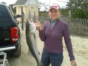 Kristen Kemper's Keeper striped bass, keeper rockfish, delaware surf fishing, delaware seashore state park,