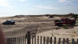 jaguar on beach, cape henlopen state park, tow truck on beach