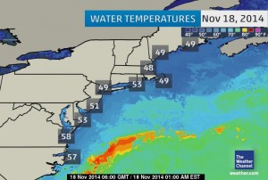 east coast water temperatures, weather channel, fall migration, striped bass