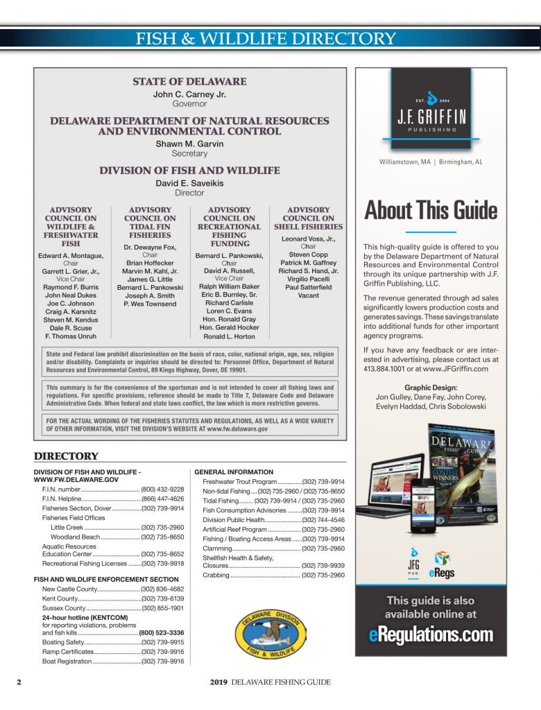 DNREC, 2019 Delaware Fishing Guide, Delaware Department of Natural Resources and Environmental Control, new castle county, kent county, sussex county, creel limits, regulations, state fishing records,