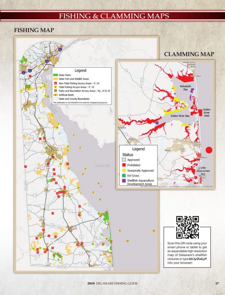 DNREC, 2019 Delaware Fishing Guide, Delaware Department of Natural Resources and Environmental Control, new castle county, kent county, sussex county, creel limits, regulations, state fishing records, clamming maps